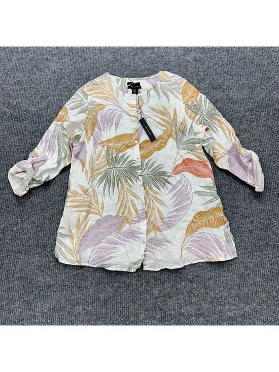Tahari Tops - Tahari 100% Linen Long Sleeve Button Up Tunic Shirt Tropical Leaf Womens 1X NEW